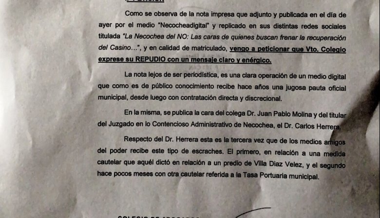 Subasta del Casino: Solicitan un repudio del Colegio de Abogados por los "escraches" al abogado de Laborde y el Juez Herrera