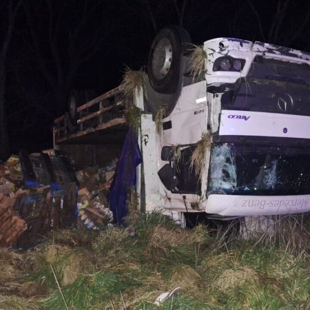 Accidente en la Ruta 55: Volcó un camión y asistieron al chofer y su acompañante